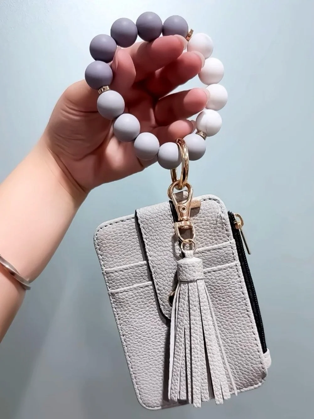 Grey Beaded Wristlet Keychain with Tassel